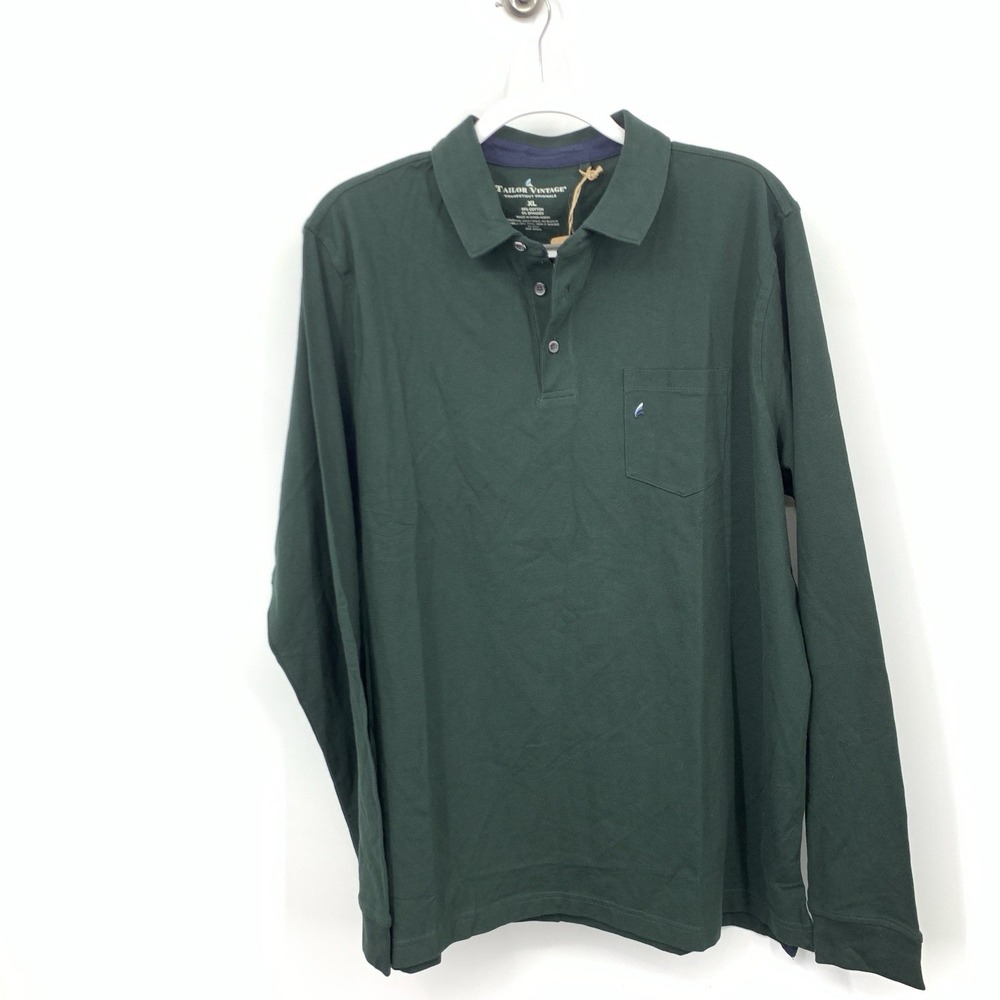 Tailor Vintage Men Size XL Shirt Dark Green Polo Long Sleeve Top Cotton Stretch